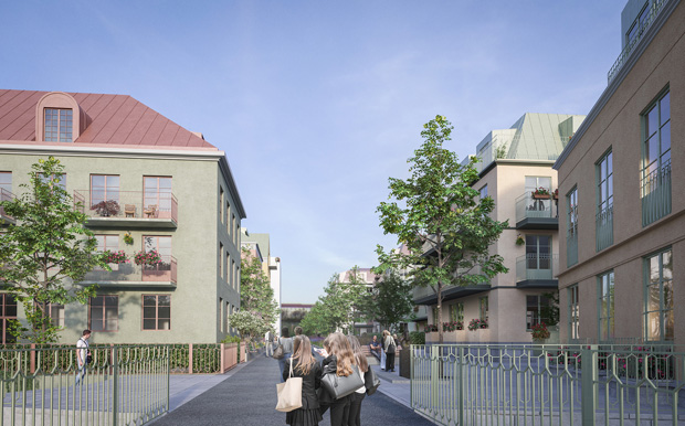 Visionsbild över hus med en bro emellan.