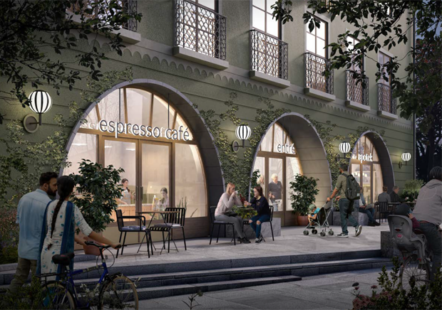 Visionsbild över entré till en byggnad med stora fönsterbågar, människor utanför.
