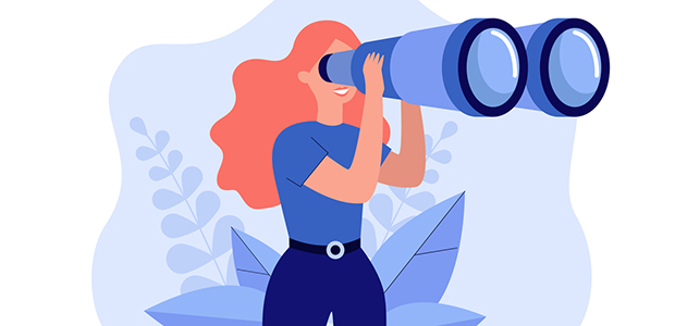 Illustration kvinna spanar i kikare