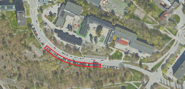 Karta med ett antal parkeringsplatser markerade. 