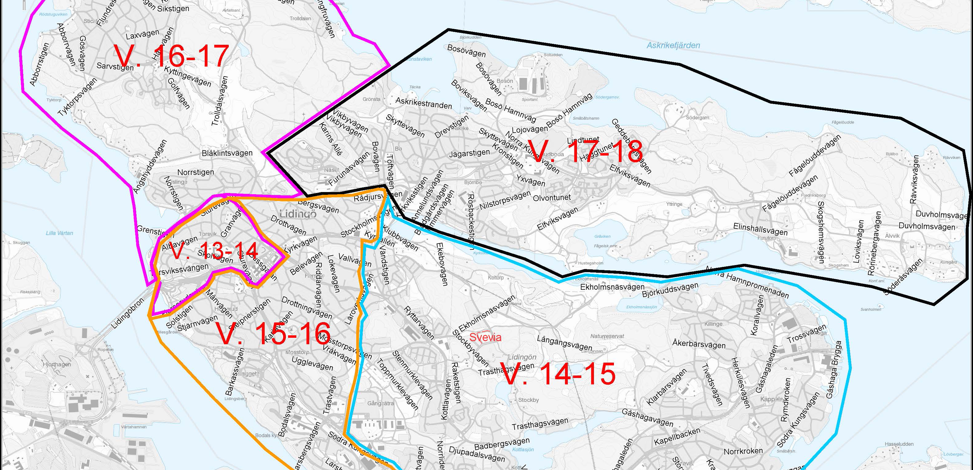 Karta över Lidingö med indelning över vilka veckor olika områden ska sopas.