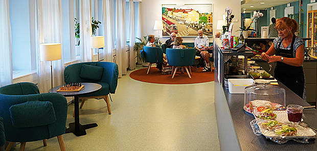 smörgåsar kvinna i förkläde bakom disk fåtöljer och bord en grupp seniorer i bakgrunden