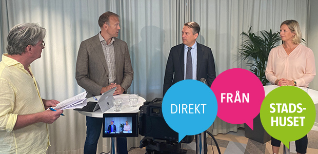 Ulf, Daniel, Daniel och Anna framför en kamera. loggan Direkt från Stadshuset i hörnet