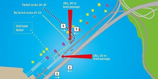 Karta som visar var den nya farleden för båtar ska gå förbi brobygget, vecka 41-53, jämfört med tidigare.