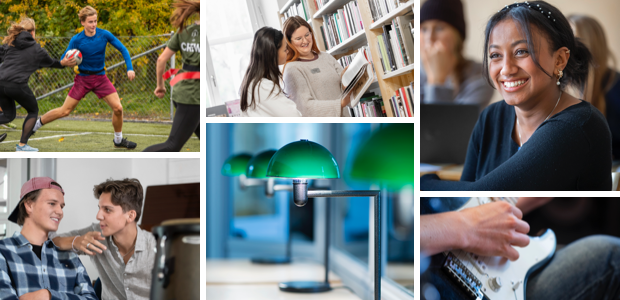 Kollage: idrottsbild, bibliotek, glada studenter i samspråk, studieplats och bas som spelas.