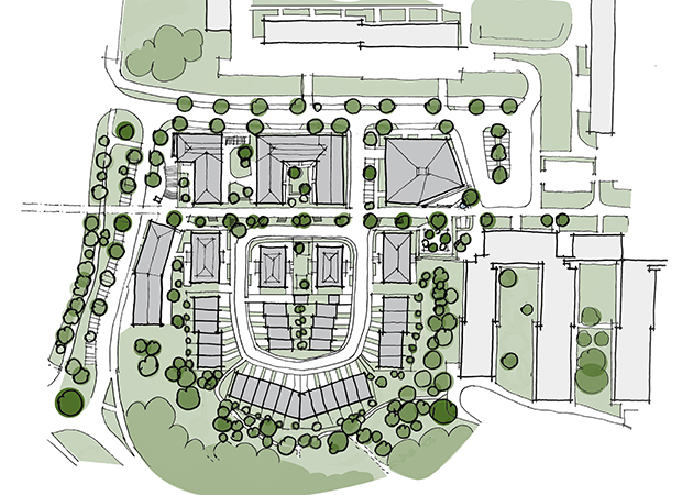 Illustration som visar 7 flerfamiljshus och ett trettiotal radhus.
