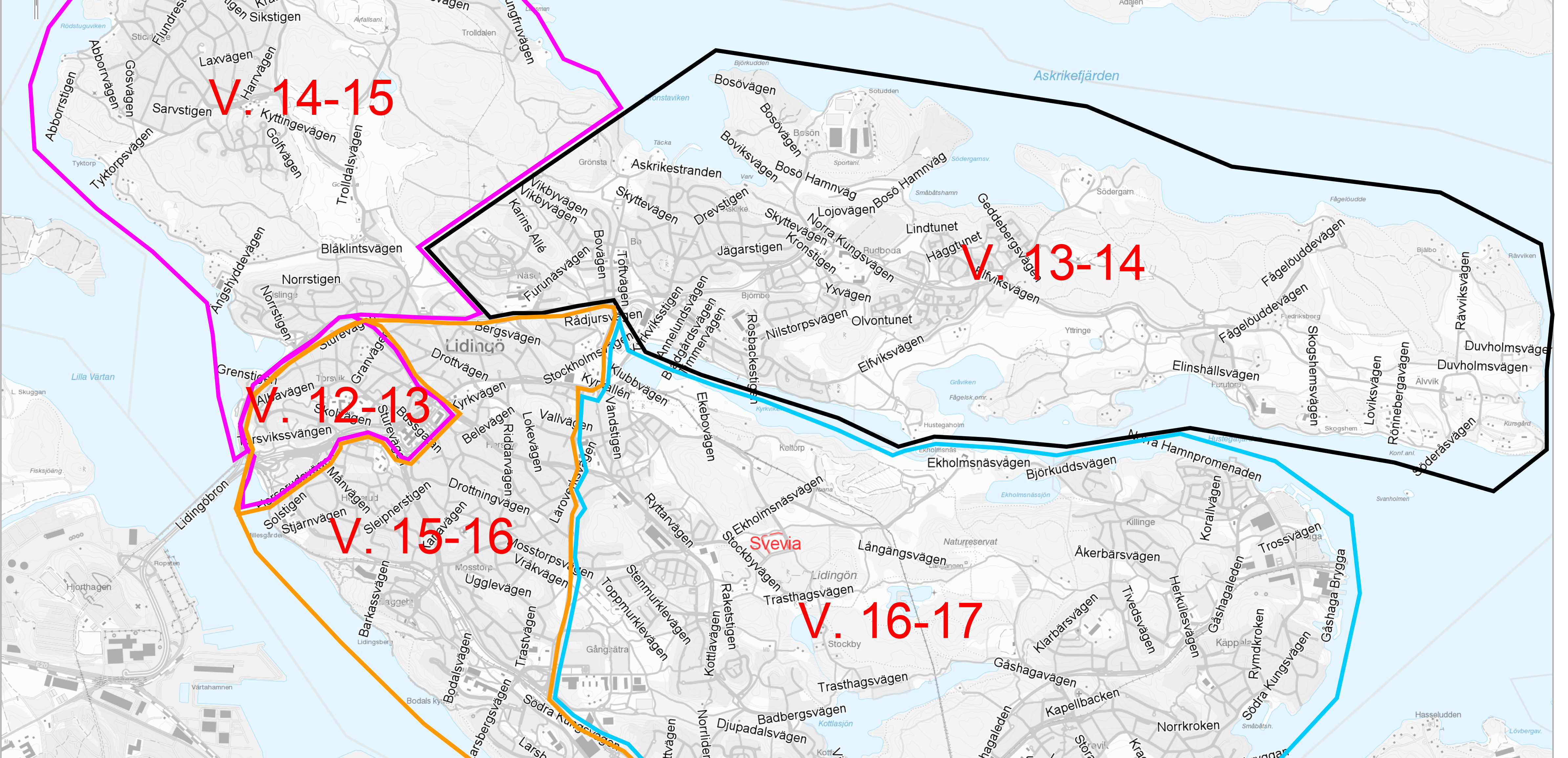 Karta över Lidingö med datum för när sandsopningen sker var.