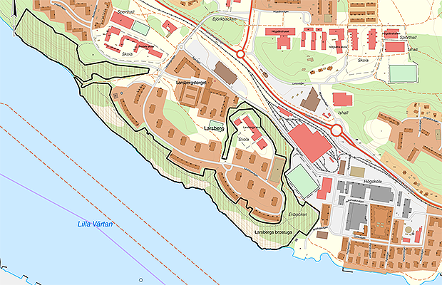 Kartvy över remissområdet som löper längs med Larsbergs strand.