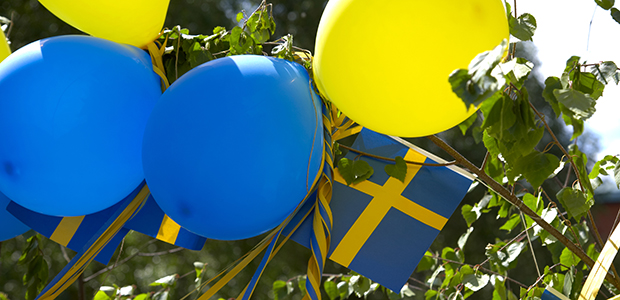 Dekorationer för studenten. Ballonger, serpentiner och björkar.