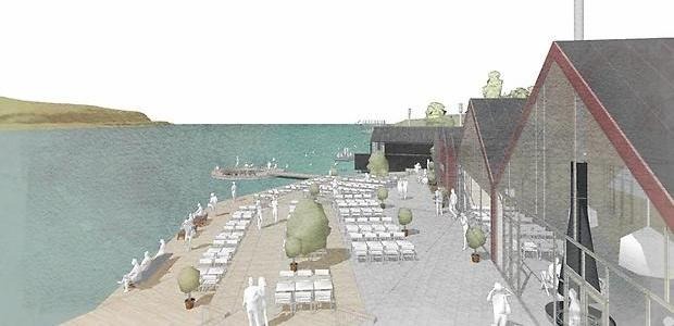 Illustration som visar solstolar vid vattnet och små byggnader.
