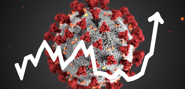 Ett virus med en pil som går upp och ner och upp på slutet.