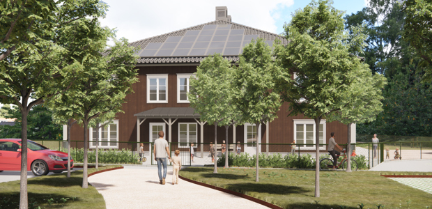Illustration på ett stort brunt hus med spröjsade fönster, en man med barn går mot huset, trädgård runtom.