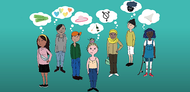 Illustration på ungdomar som tänker på saker man kan få hjälp med på ungdomsmottagningen