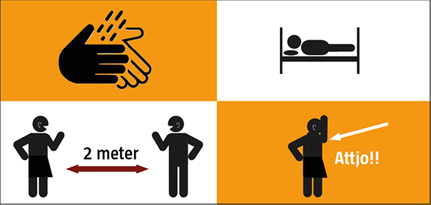 Illustrationer som visar att man ska tvätta händerna, vara hemma om man är sjuk, hålla 2 meters avstånd och nysa i armvecket.