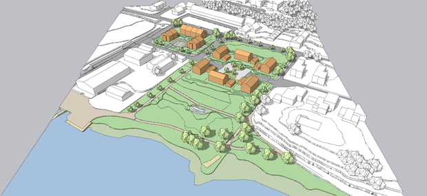 Illustration med villor, radhus och parkområde.