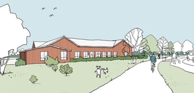 Illustration som visar förslag på utformning av gruppbostäder på fastigheten Byalaget 1. Skiss av ETTELVA Arkitektur