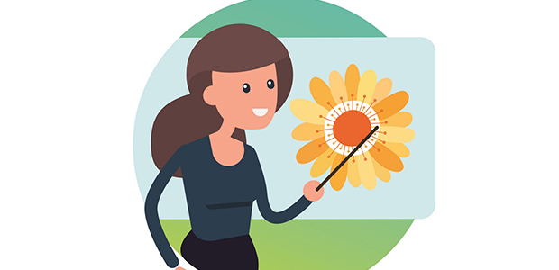 Illustration av person som pekar på en bild på en blomma