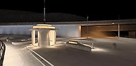 Idébild av Lidingö brostrand och Vindarnas tempel.