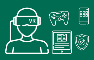 Stiliserad grafik som föreställer en person med VR-glasögon, en e-bok på en surfplatta, en handkontroll till ett tvspel, och en vapensköld med en ibockad ruta.