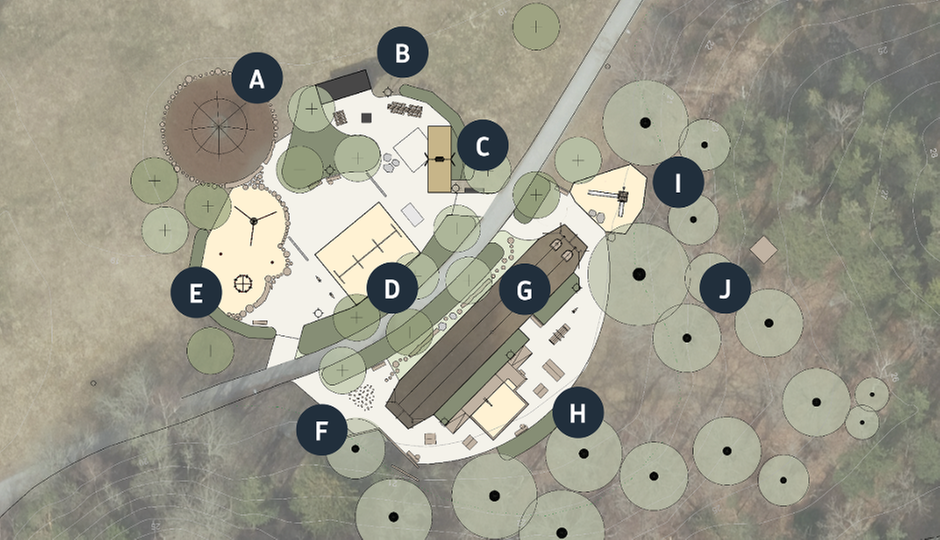 Killingeparken med den planerade ombyggnaden markerad med bokstäver.