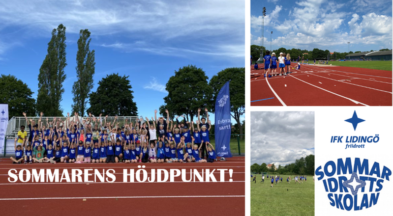 Collage med bilder från Lidingövallen och loggan för Sommaridrottsskolan