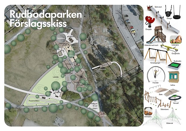 Förslagskiss över nya lekplatsen i Rudbodaparken.